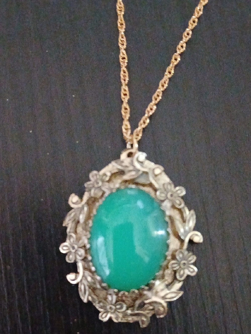 Gold Floral Pendant Necklace with Green Oval Stone